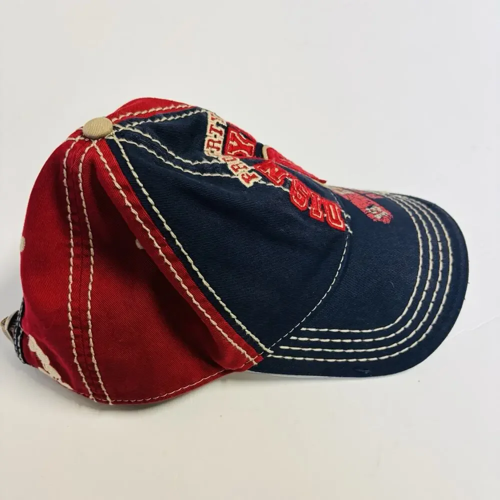 DISNEY. ADULT BLUE/RED/BIEGE DISTRESSED DISNEY STRAPBACK HAT - Very Clean.